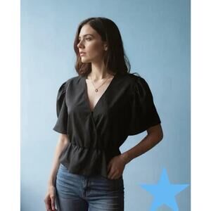 Leyden Revolve Womens Black Peplum Short Sleeve Blouse Top NEW NWT S 2 4